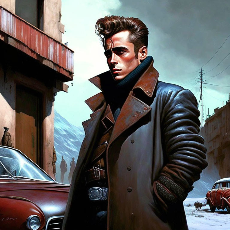 Suave man with slicked-back hair in trench coat, vintage cars, and old buildings.