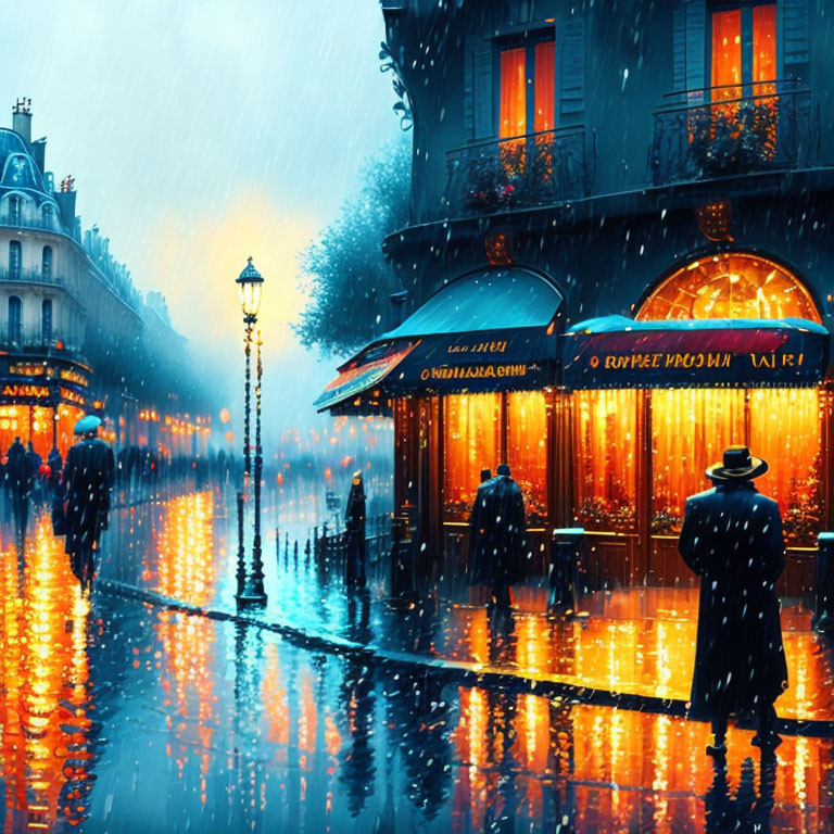 Rainy street scene with reflections, umbrellas, street lamps, and café facade.