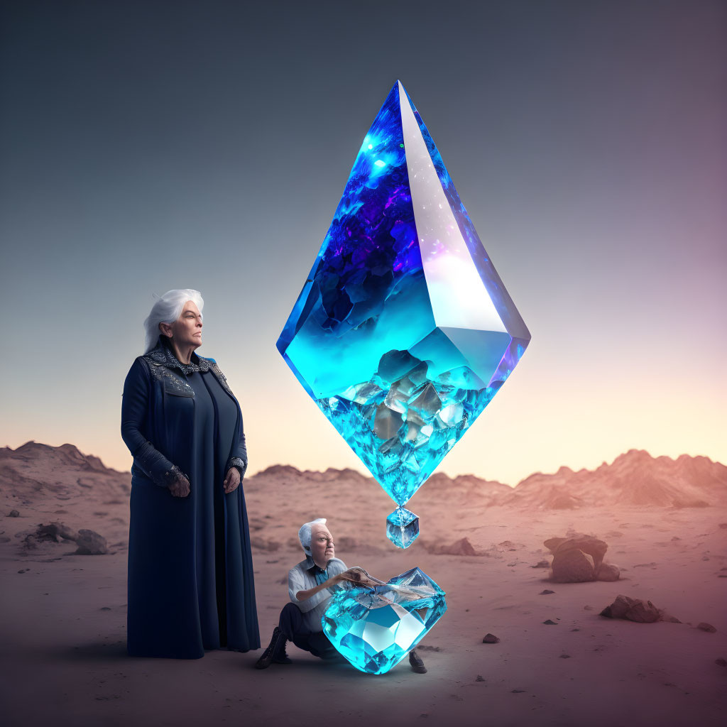 Elderly couple gazes at levitating jewel-like structure in desert landscape