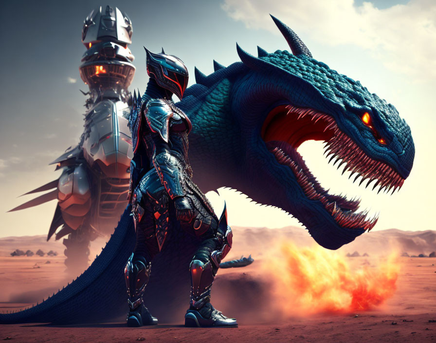 Armored futuristic knight with blue dragon in desert landscape