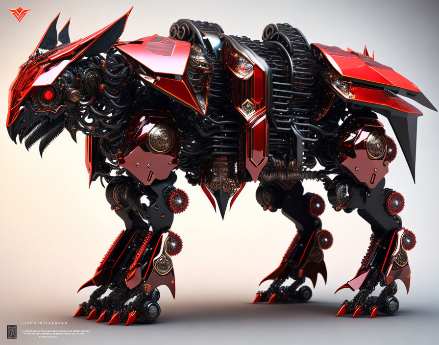 Mechanized wolf creature with black and red armor