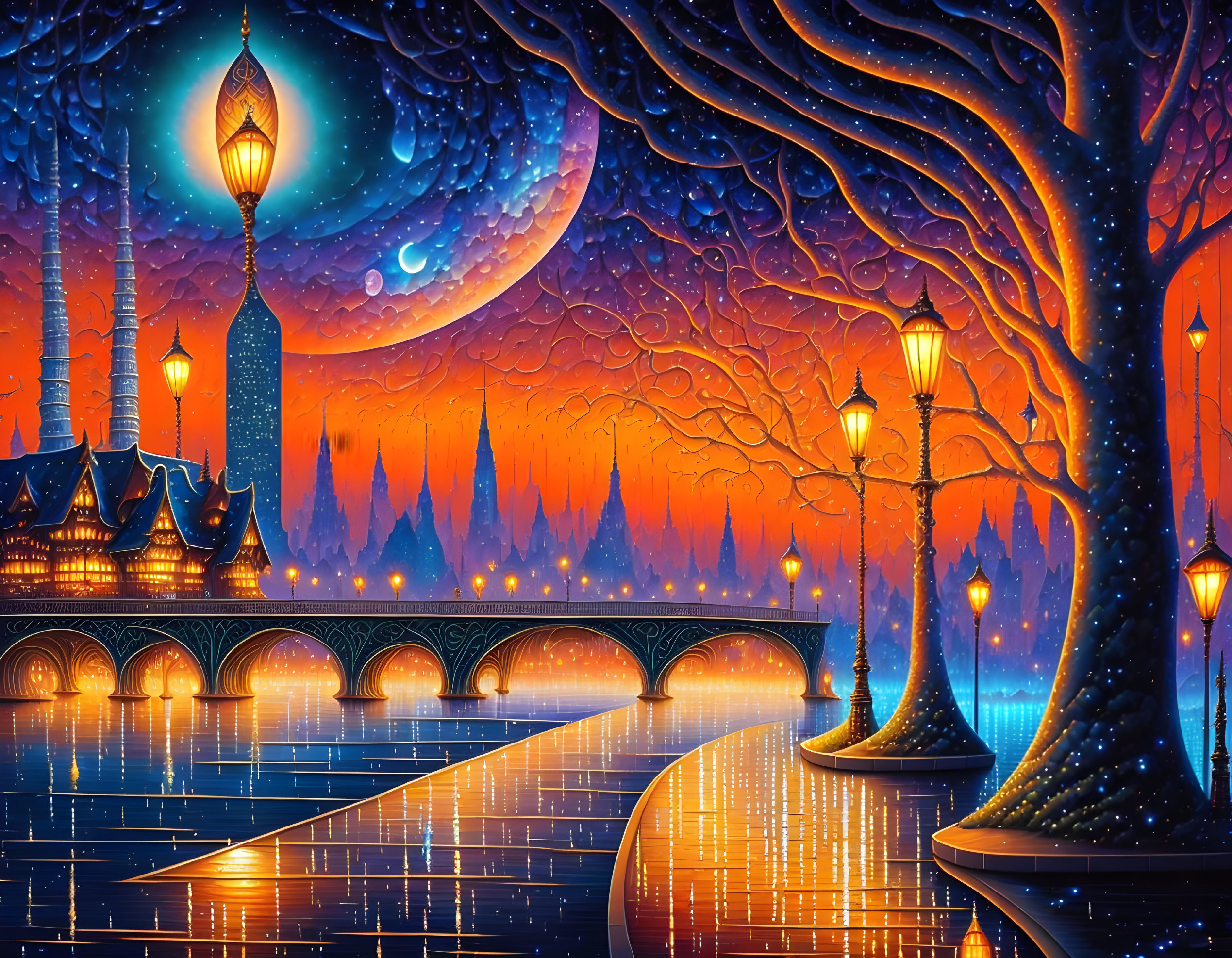 Fantastical night scene with glowing lanterns, embellished bridge, and whimsical trees