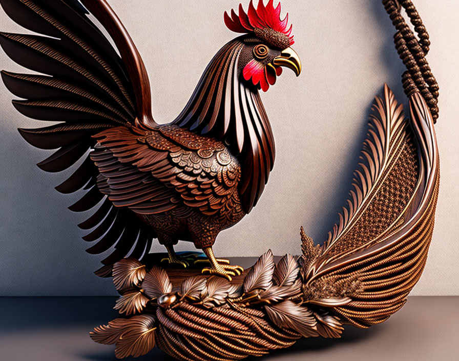 Metallic Rooster Sculpture with Elaborate Feathers Perched Beside Rope