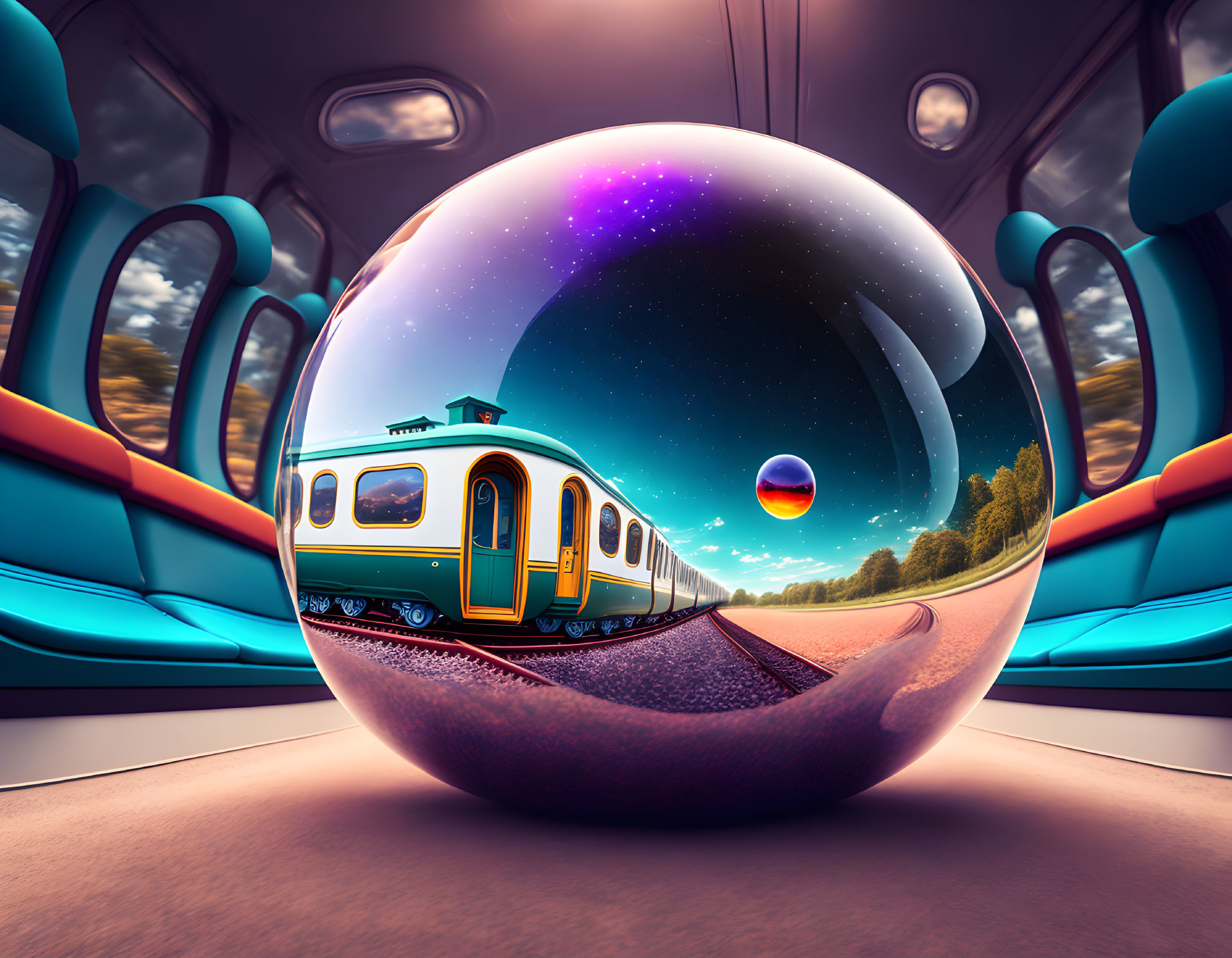 Surreal image: Train in transparent sphere with cosmic scene