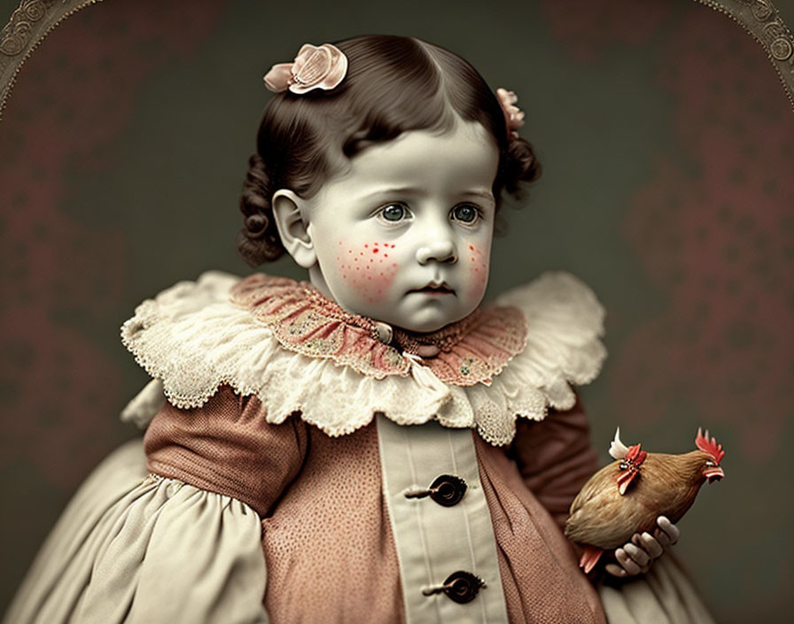 Portrait of young child with toy chicken in vintage style