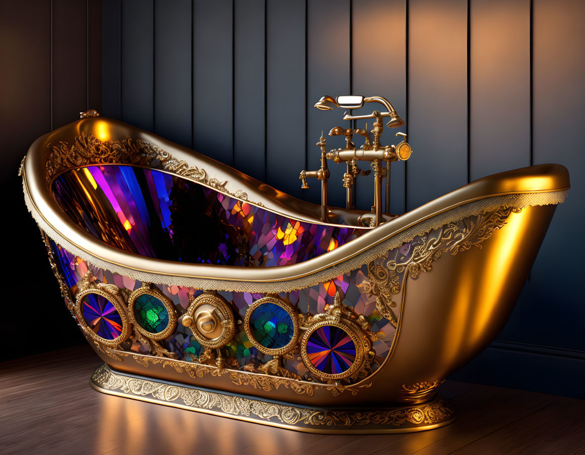 Luxurious golden bathtub with jewel inlays and classic faucets against dark paneled wall