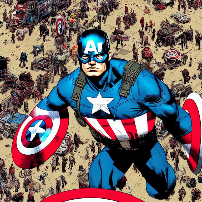 Captain America Illustration: Combat Stance with Iconic Shield in Chaotic Battlefield