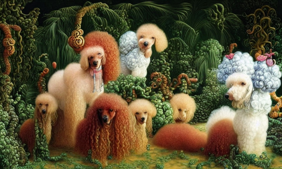 Surreal illustration of ornate poodles in lush forest