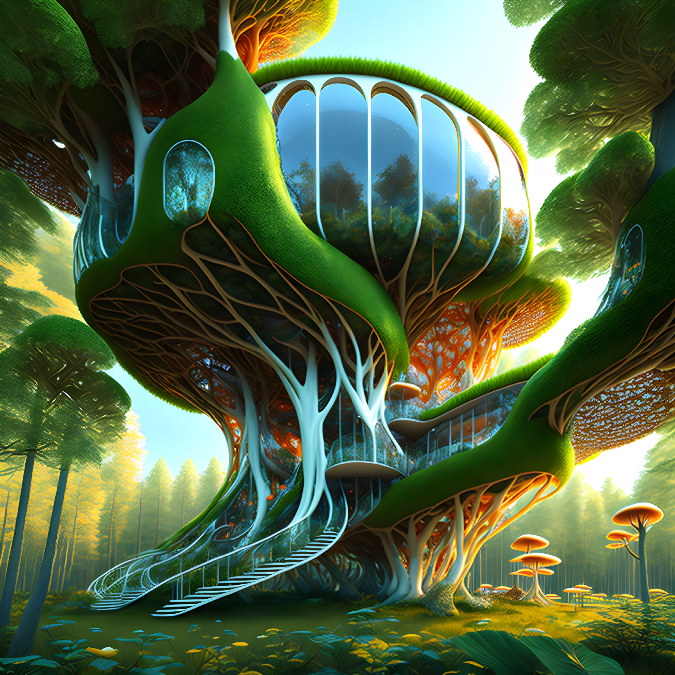 Futuristic organic building in fantastical forest scene