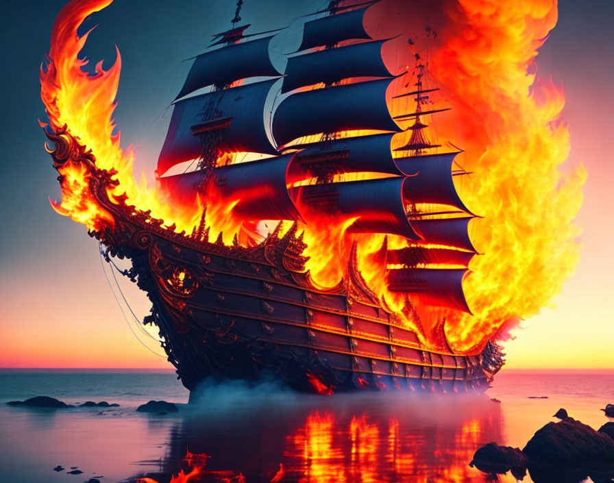 Burning sailing ship at sea during sunset