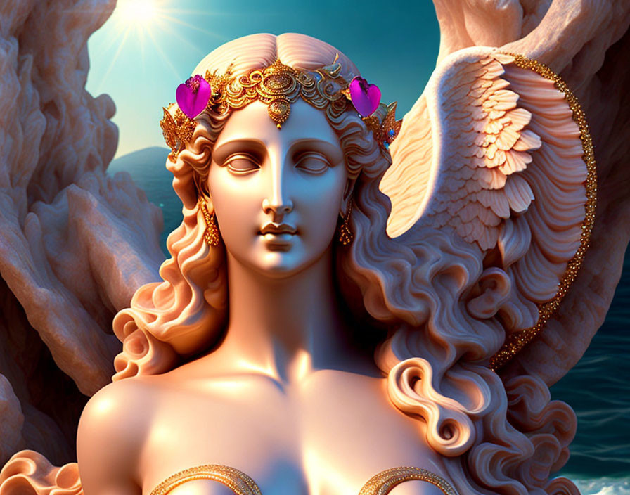 Angelic figure with golden hair and wings against serene blue skies.