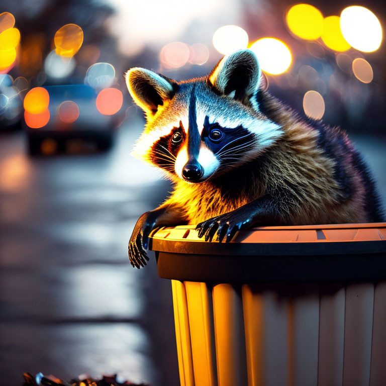 Nocturnal raccoon on trash bin with city lights bokeh