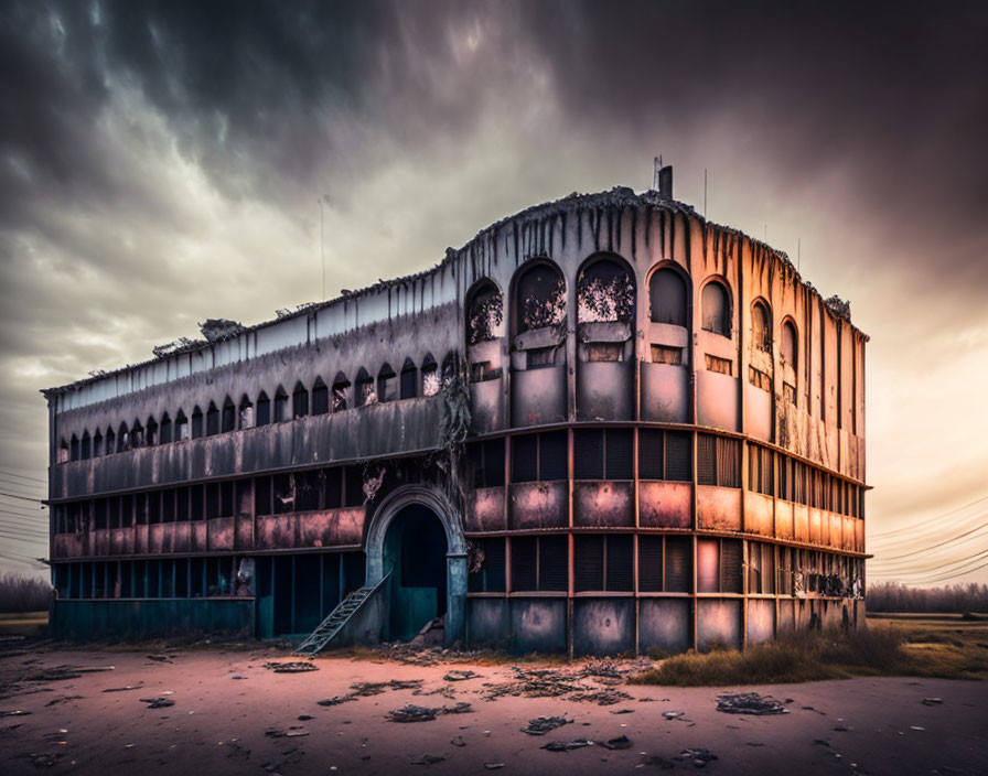 Desolate two-story building with rust and dramatic skies.