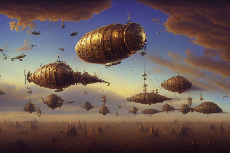 Steampunk Airships Over Dusky Sky and Islands