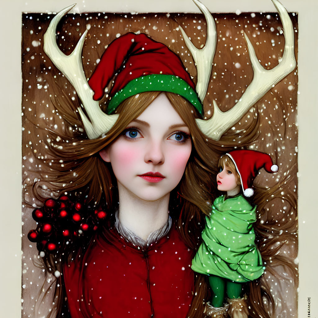 Stylized illustration of girl with blue eyes, antlers, red hat, green outfit, and