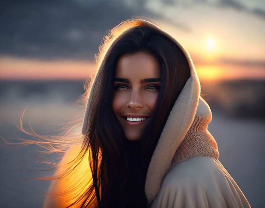 Smiling woman in hood with long hair against sunset and clouds