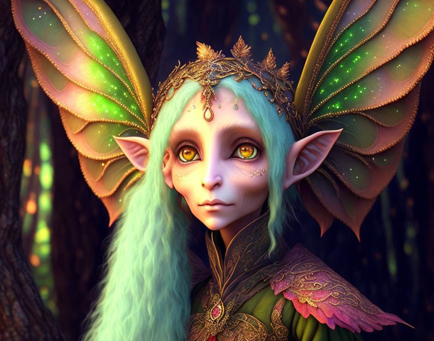 Fantasy creature with green hair and butterfly wings in a dark forest