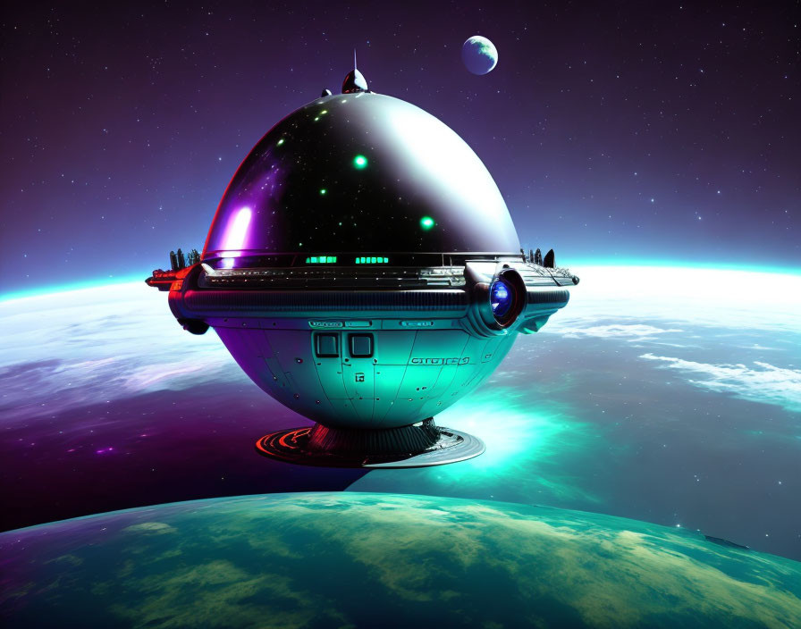 Futuristic spherical spaceship above vibrant alien planet with moon and starry cosmos