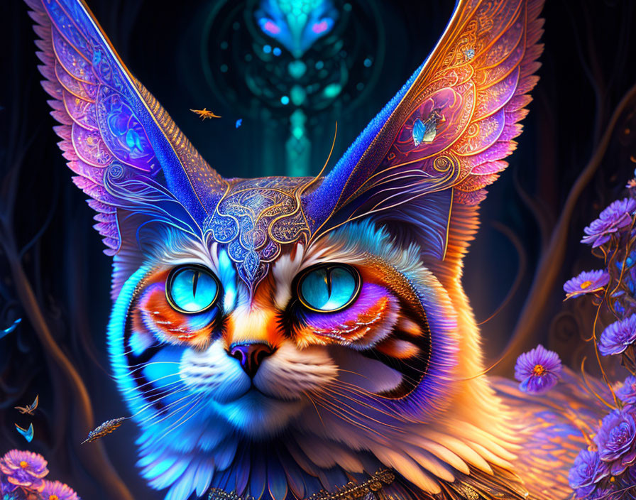 Colorful Digital Artwork: Fantastical Cat with Blue Eyes and Ornate Ears