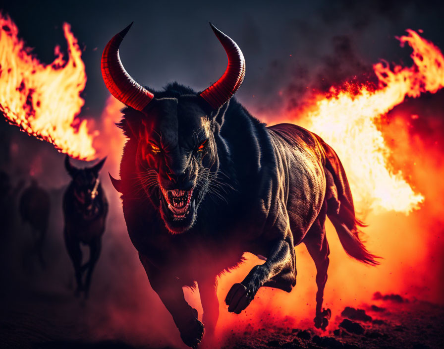 Two bulls charging in flames and smoke.