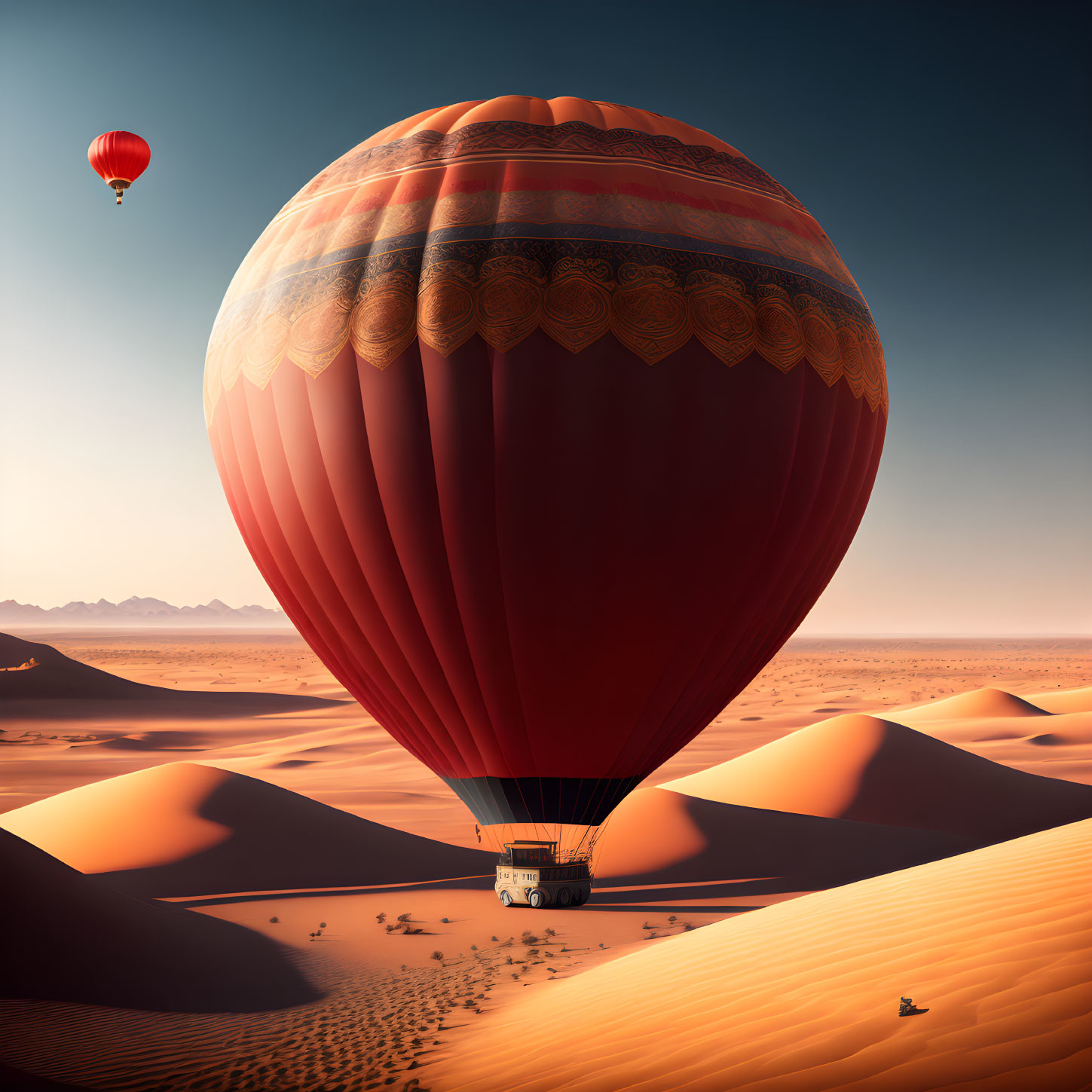 Hot Air Balloon Flying over Desert Dunes with Mountains and Clear Sky