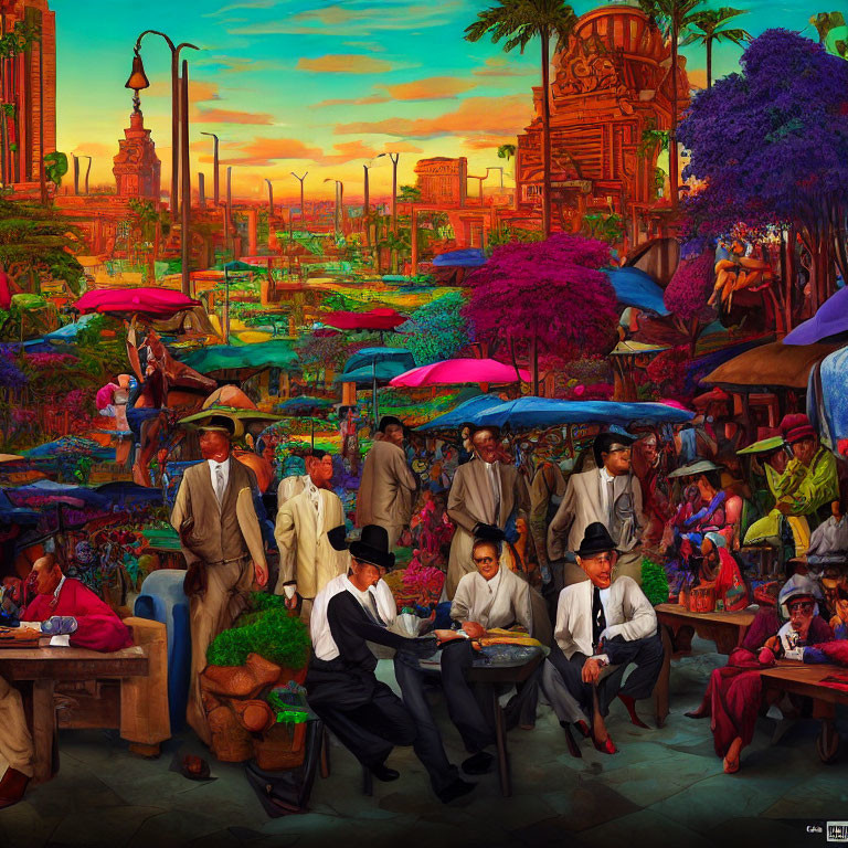 Colorful market scene with diverse people and futuristic cityscape.