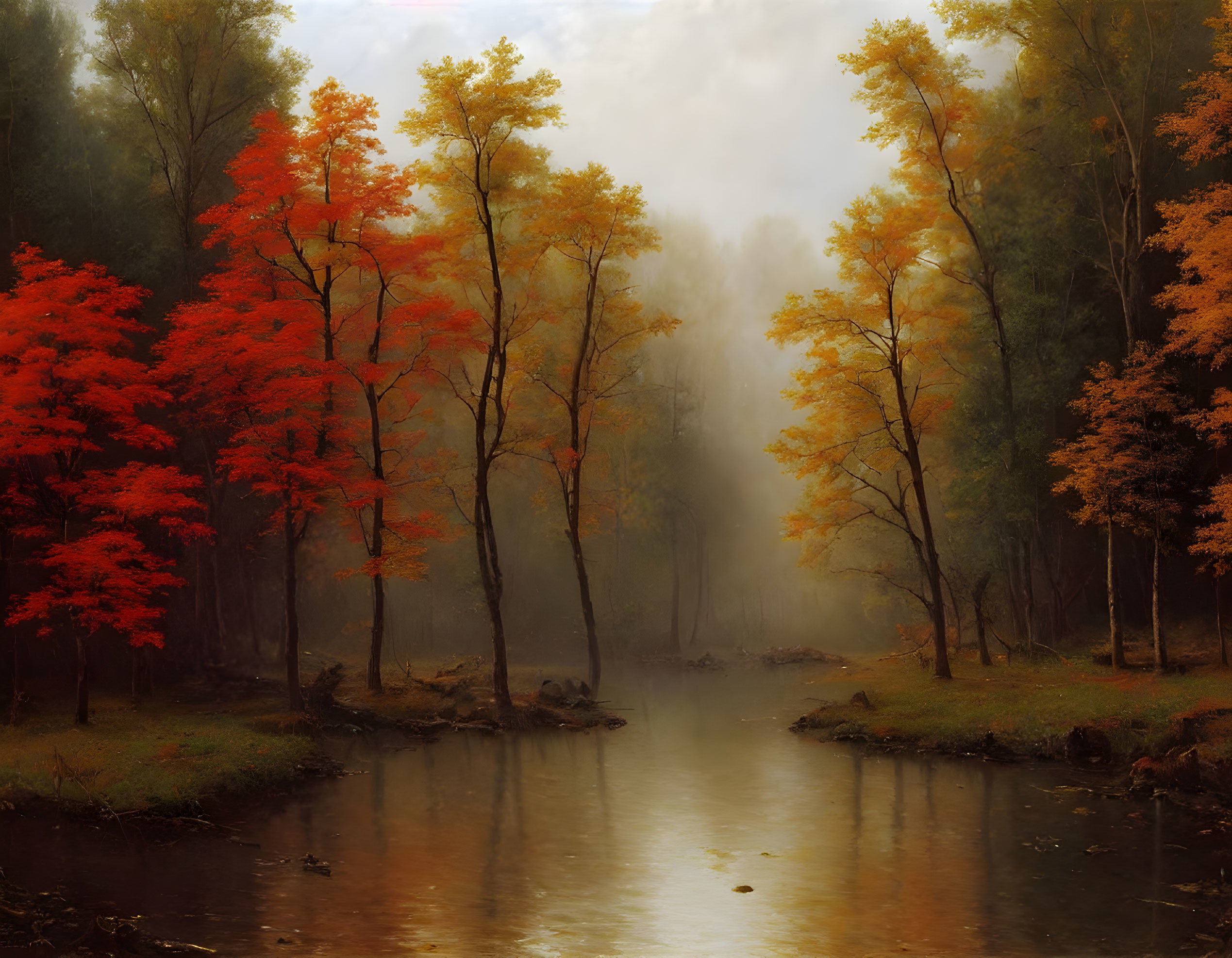 Tranquil autumn forest with red and orange trees by misty river