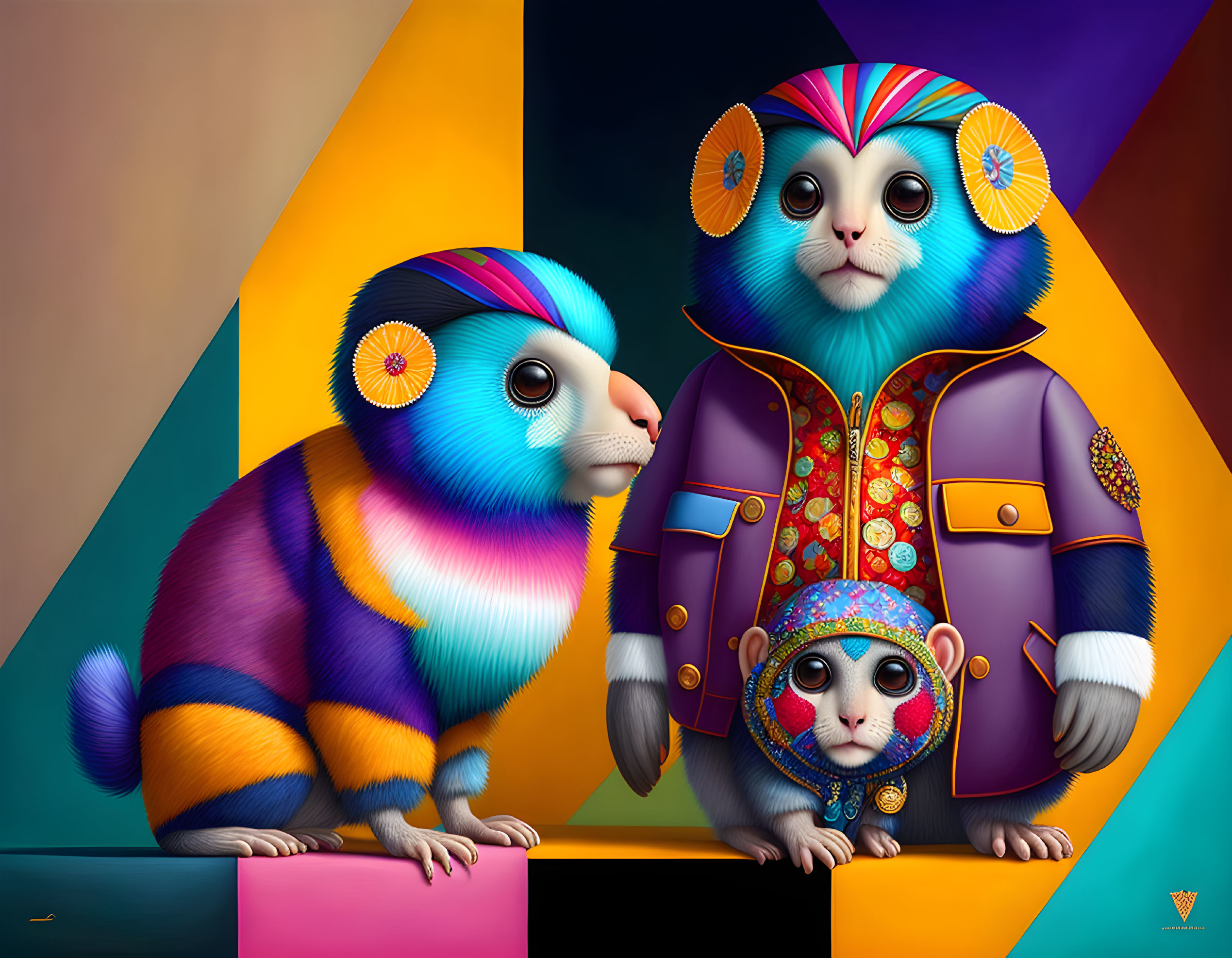 Colorful Anthropomorphic Animals in Regal Attire on Geometric Background