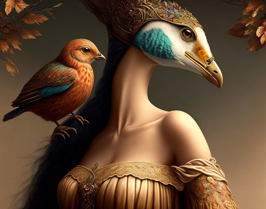 Surreal image: Woman with eagle head, bird on shoulder, autumn leaves