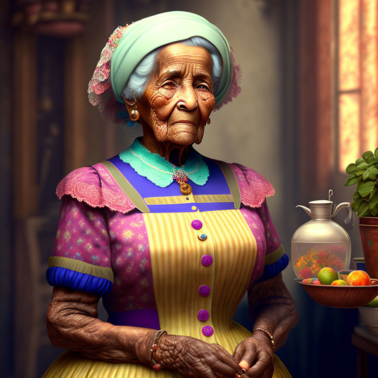 Elderly animated lady in traditional dress with silver hair and blue apron, standing surrounded by warm