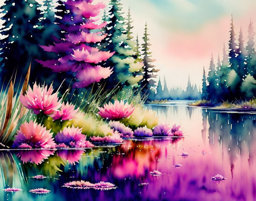 Serene Lake Watercolor Painting with Pink Water Lilies