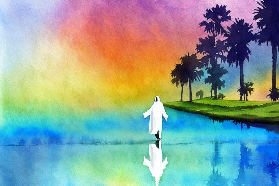 Colorful Watercolor Painting of Figure Reflected in Water