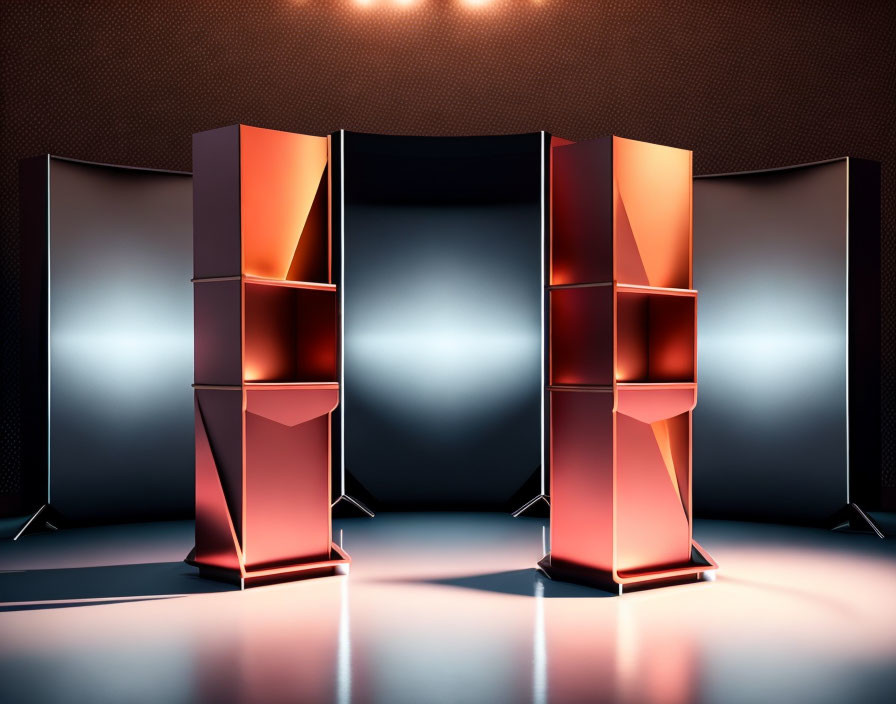 Modern Red Metallic Bookshelves in Exhibition Setting