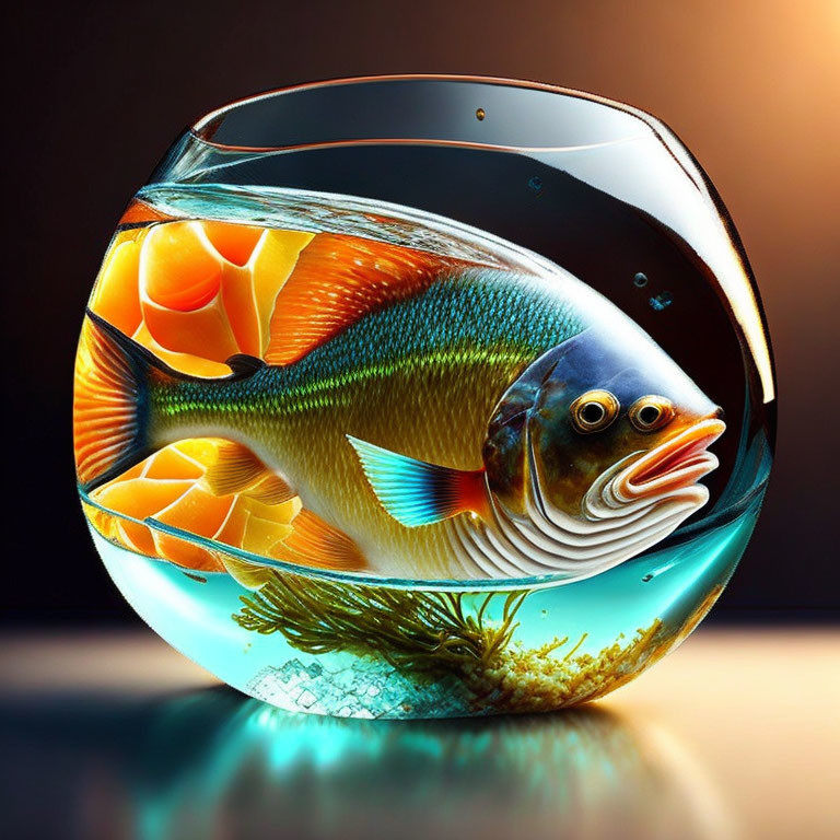 Vivid oversized fish in spherical fishbowl on dark backdrop