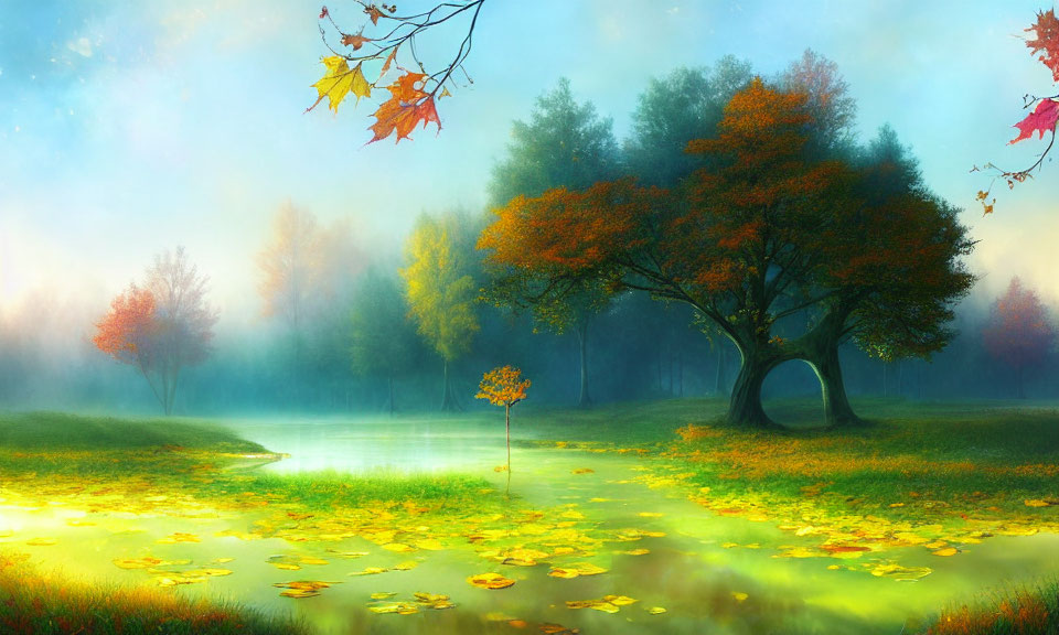 Tranquil autumn lake scene with misty water and golden foliage