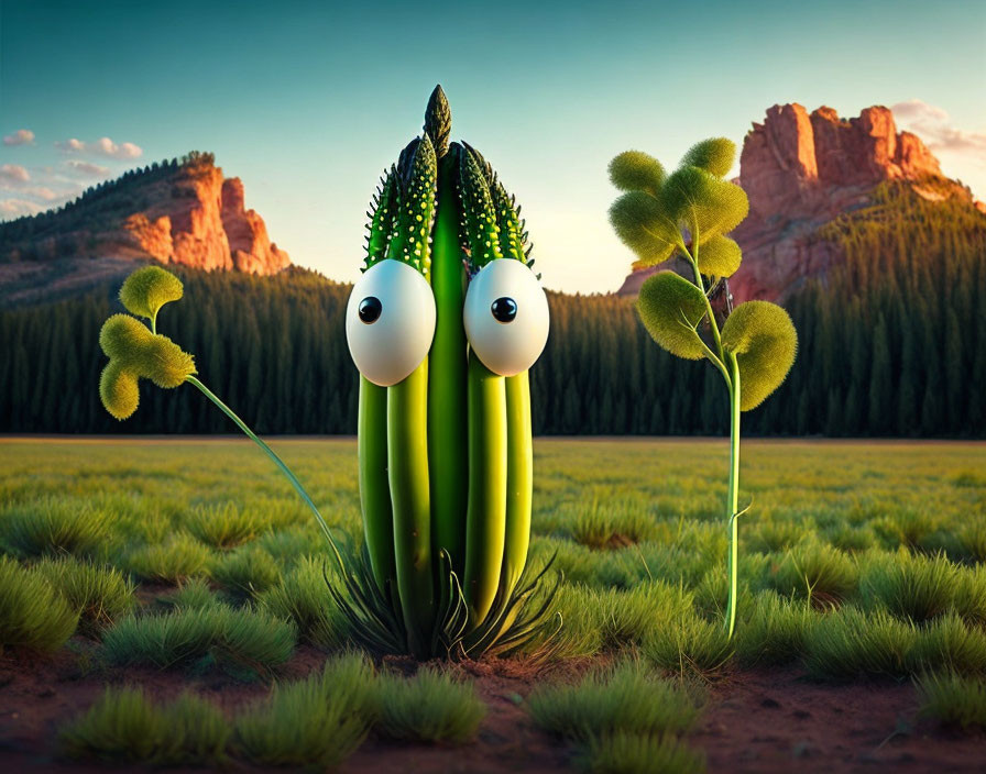 Cartoon-eyed green plants against red rock formations