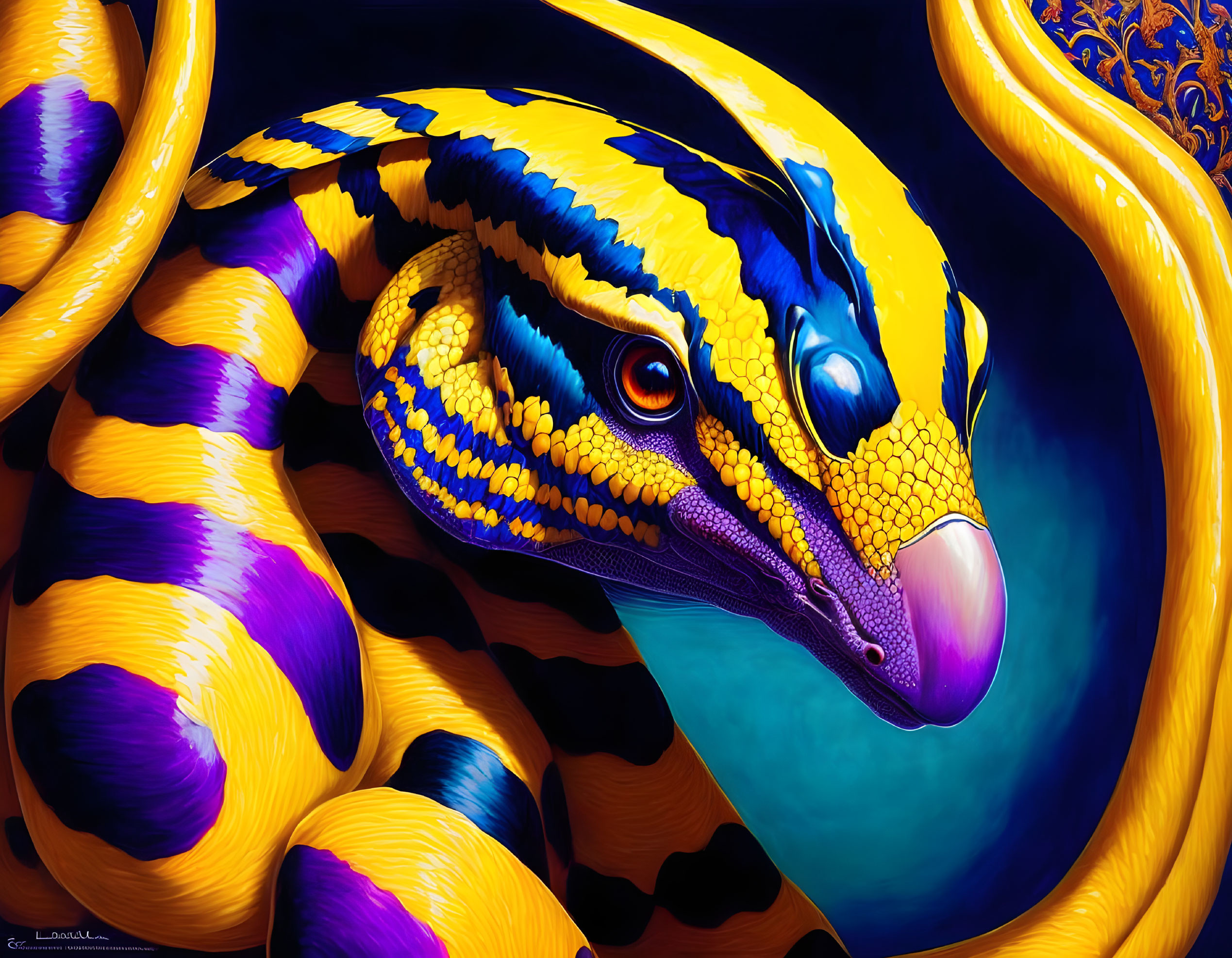 Colorful digital artwork: stylized snake with yellow and purple patterns, orange eyes, golden texture,