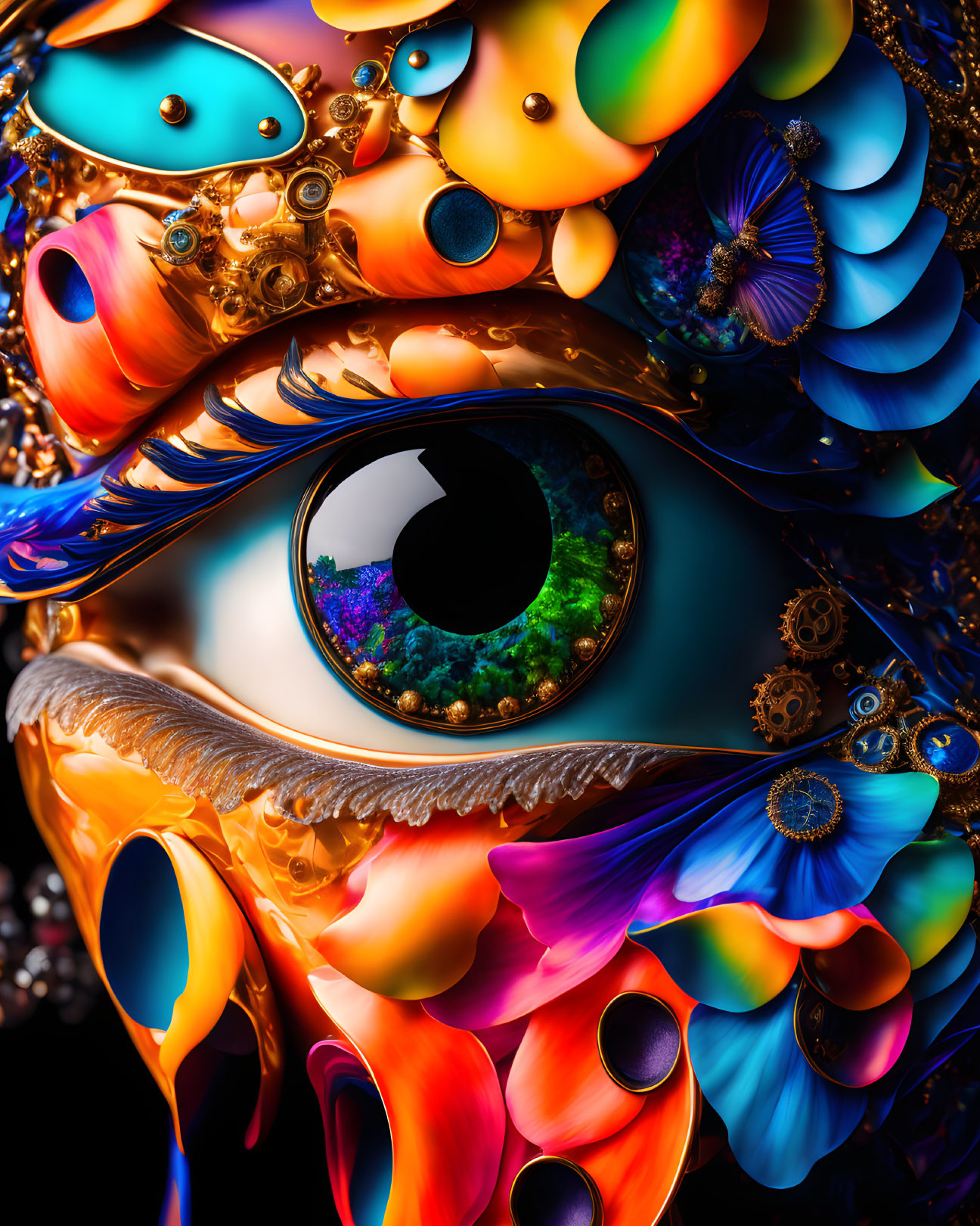 Colorful Eye Artwork with Abstract Shapes and Floral Patterns