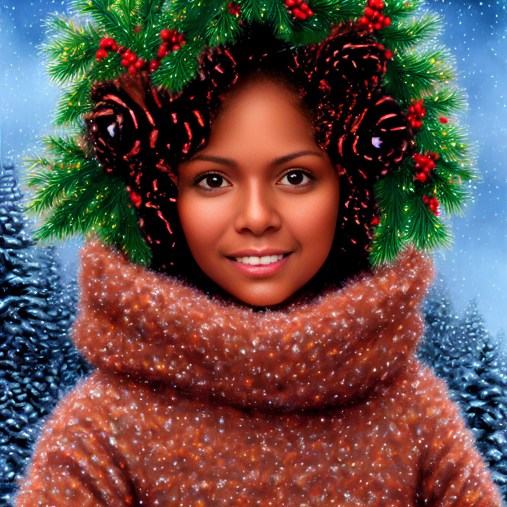 Person in festive wreath and fuzzy garment smiling with snowflakes and evergreens background