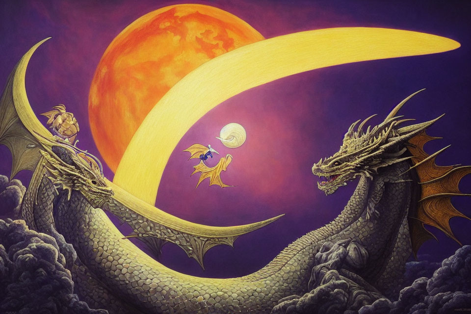 Fantasy art of two dragons with orange planet and crescent moon in purple sky