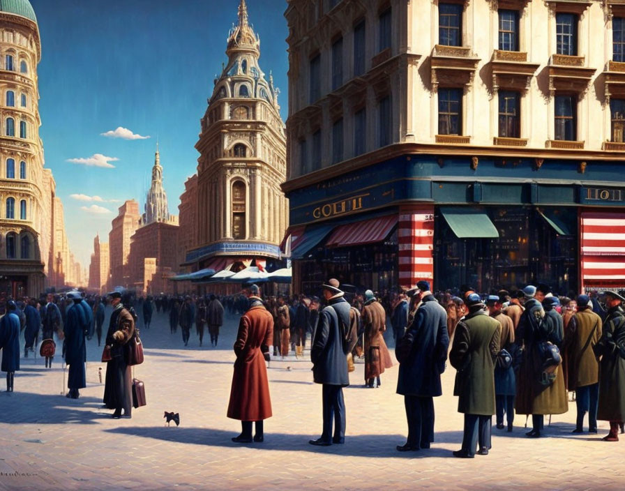 Historical street scene with elegantly dressed people and classic architecture