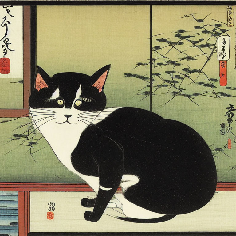 Japanese Woodblock Print: Black and White Cat by Bamboo Sliding Door