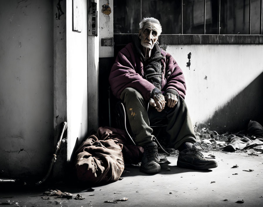 Elderly man in thick jacket sitting by doorway with bag and debris