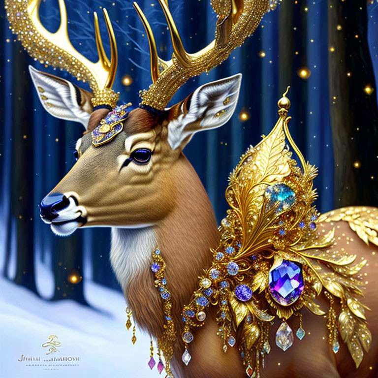 Illustrated deer with golden antlers and jeweled shoulder piece on snowy night backdrop