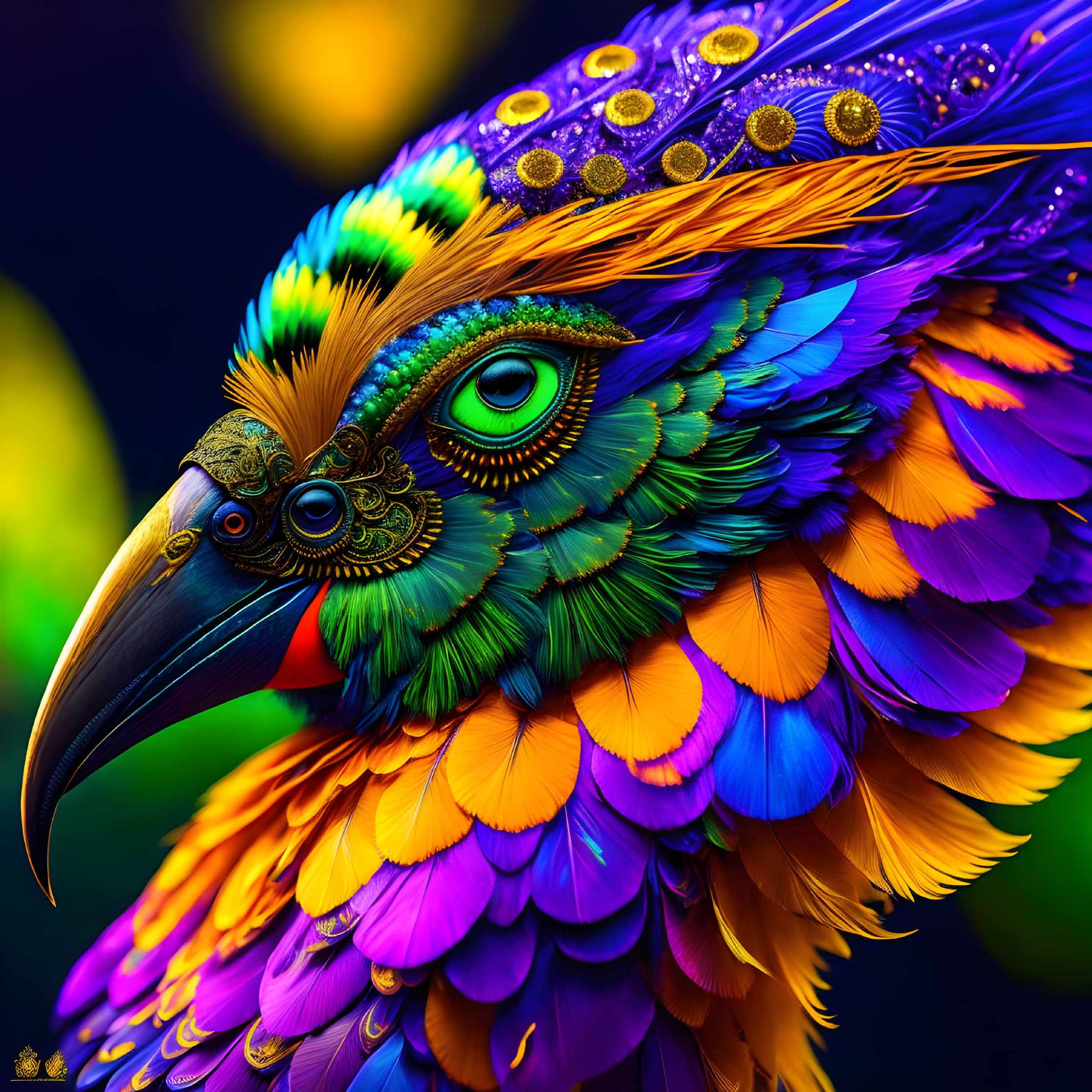 Colorful Bird with Intricate Details in Blues, Oranges, and Greens