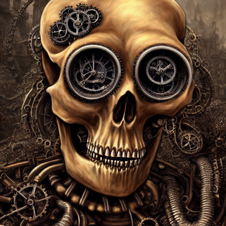 Steampunk-style skull with gear-filled eye sockets on industrial backdrop