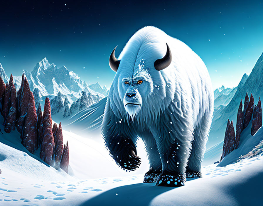 Digital art of mythical white bison in snowy landscape with mountains and pine trees under night sky