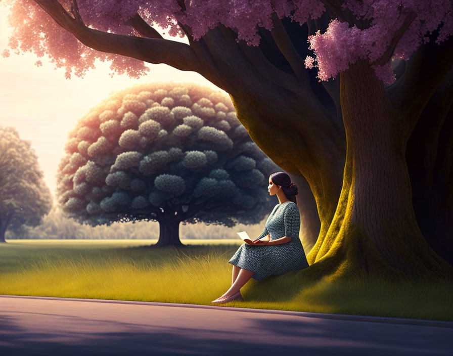 Woman in Blue Dress Reading Book Under Cherry Blossom Tree in Peaceful Landscape