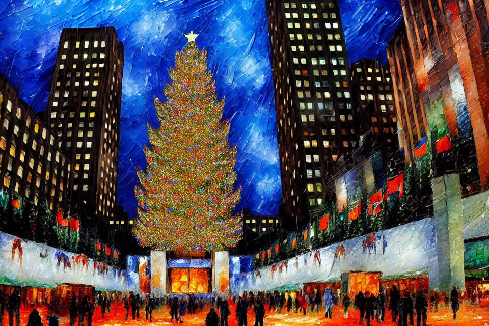 Impressionist-style painting of a festive city square at night