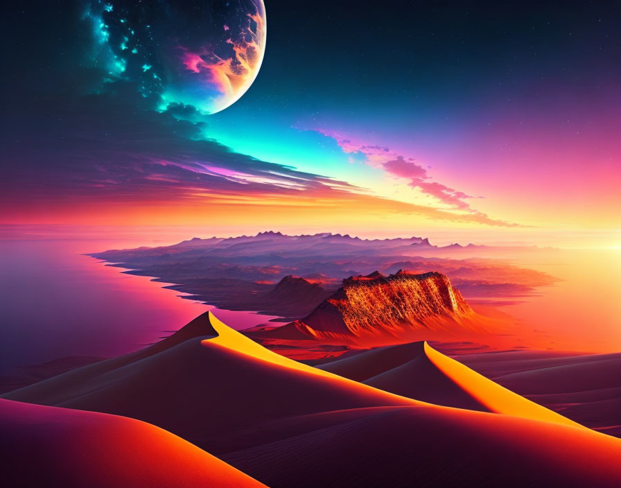 Surreal desert landscape with dunes and large planet at sunset